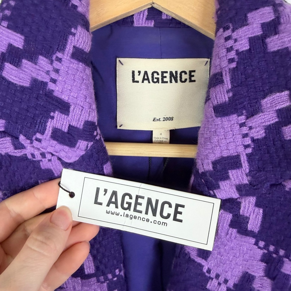 NWT L'AGENCE Inez Purple Houndstooth Cropped Double Breasted Blazer Sz 4 Jacket - Picture 8 of 12